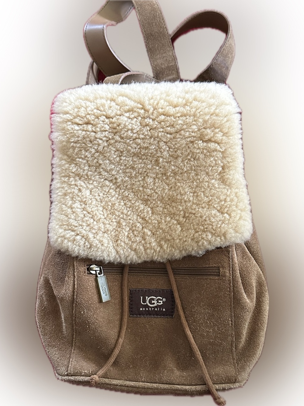 UGG Australian Suede Shearling Mini Backpack. Tan Suede / Cream Shearling Flap